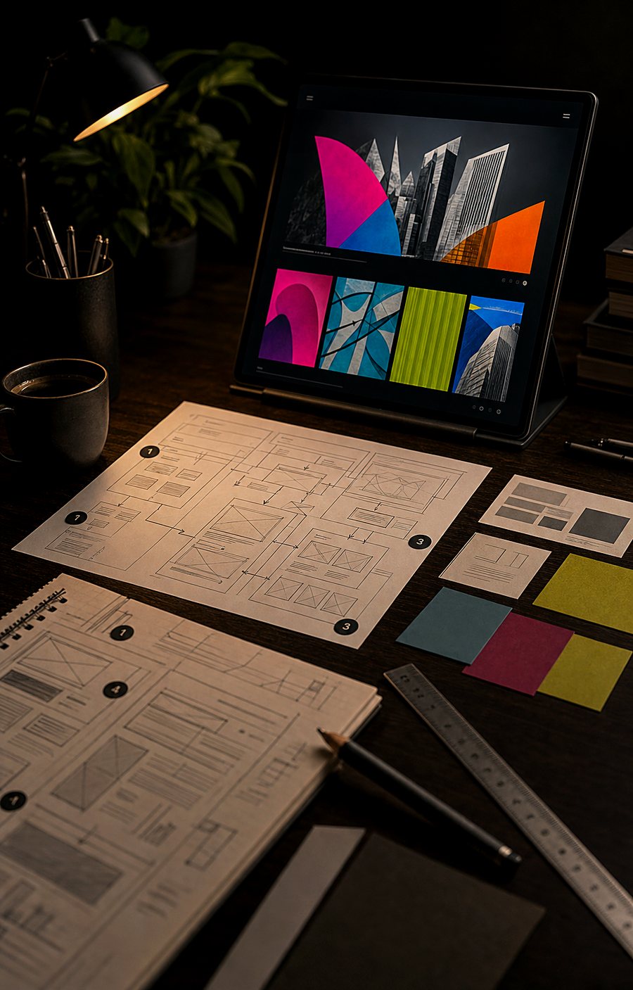 Website wireframes and layout sketches on a desk