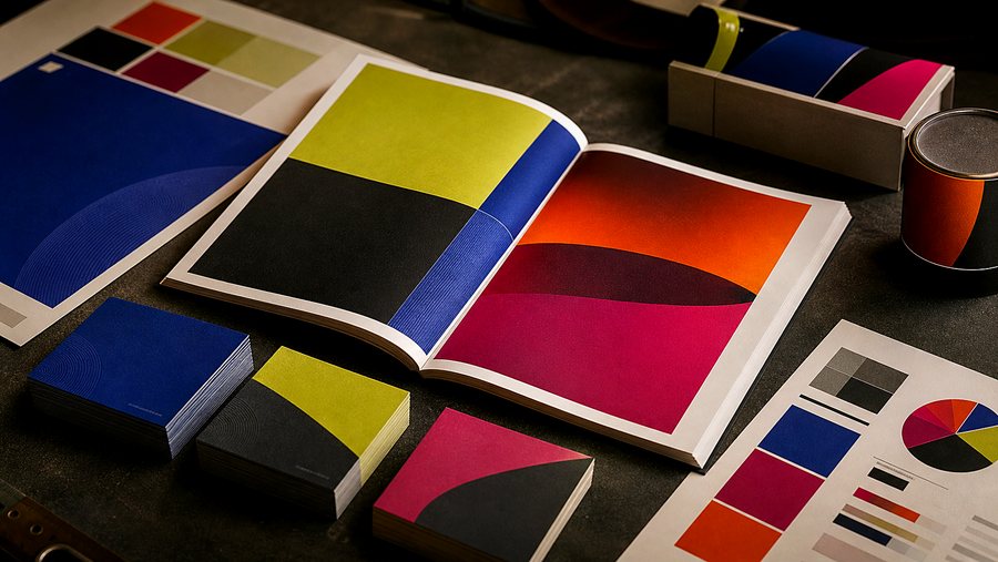 Printed brand collateral — stationery, cards and a brochure