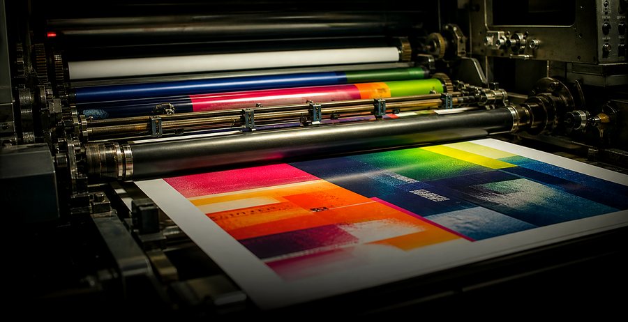 A printing press running freshly printed colour sheets