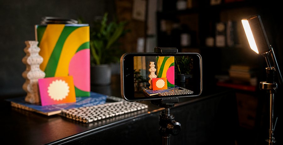 A smartphone set up to create and edit social content