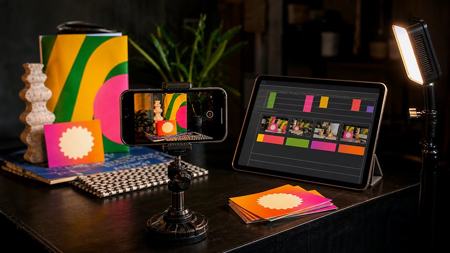 A phone and tablet used to plan and edit social content
