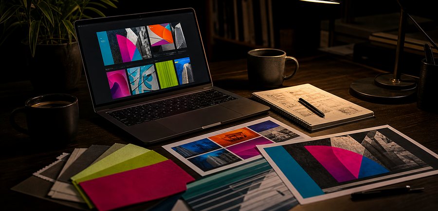 A desk with a laptop, sketchbook and colour swatches