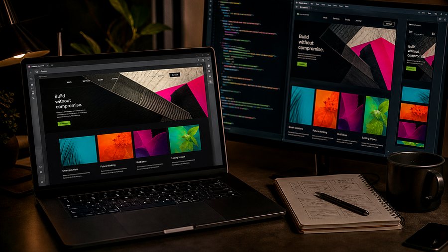 A responsive website shown across laptop, monitor and phone