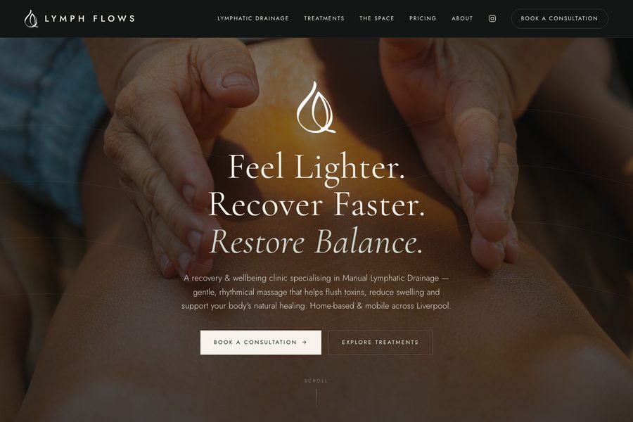 Home page of Lymph Flows, a lymphatic drainage wellbeing clinic in Liverpool
